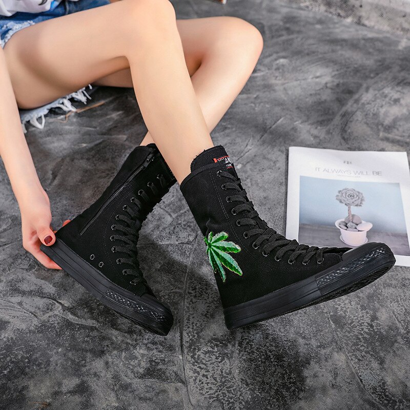 Canvas shoes comfortable casual shoes all-match handmade custom embroidery pattern flat mid-tube women&s shoes 35-43